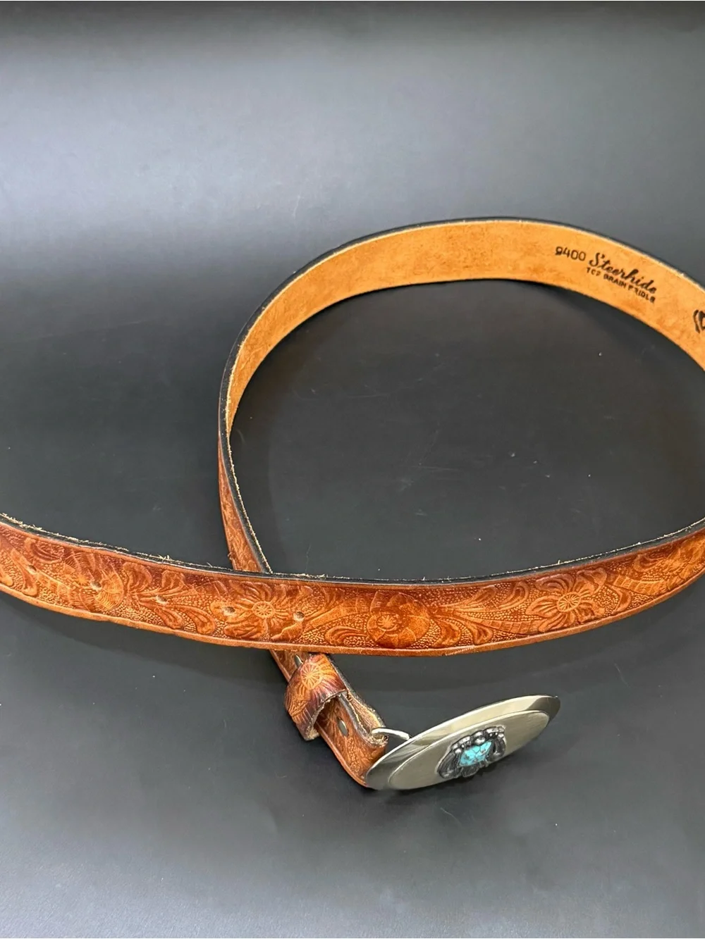 STEERHIDE Grain Bridle Brown Tooled Leather Silver Faux Turquoise Buckle Belt 36